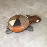 Grand coussin / pouf tortue vintage en patchwork de cuir, animal en cuir farci, années 1970
