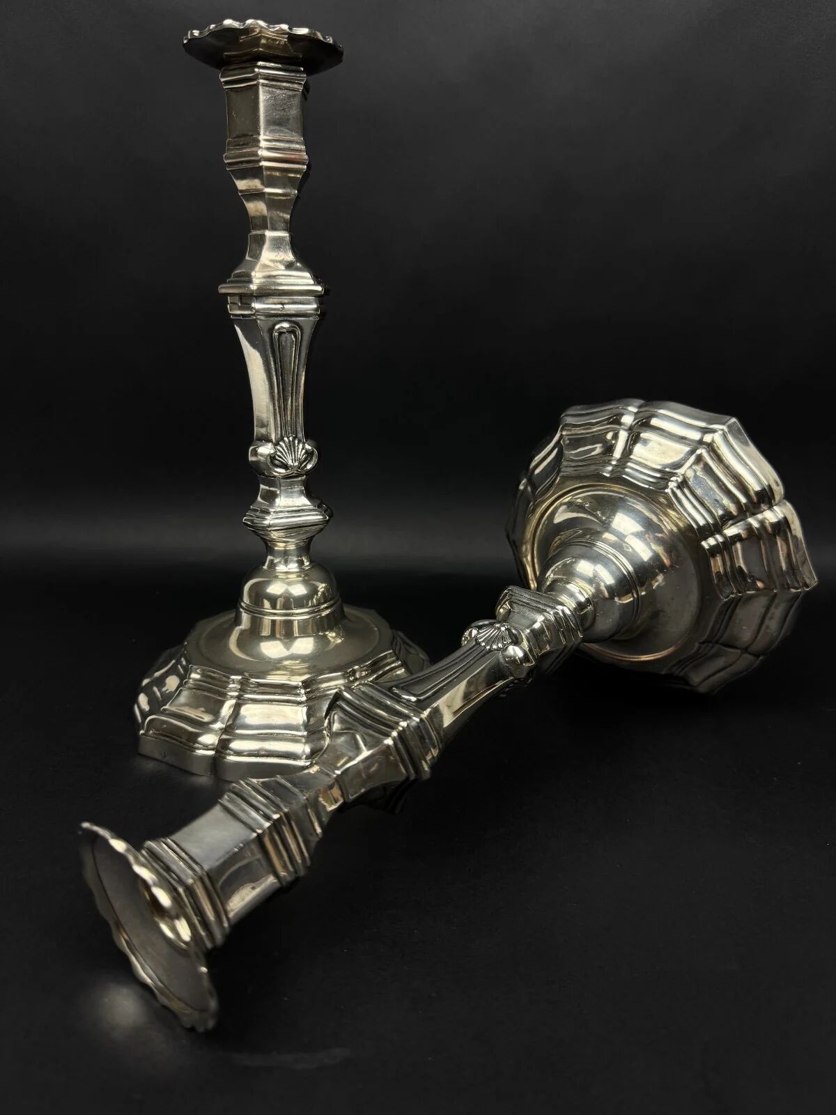 Pair of silver-plated bronze candlesticks, Auguste Monnier Veuve, 1911