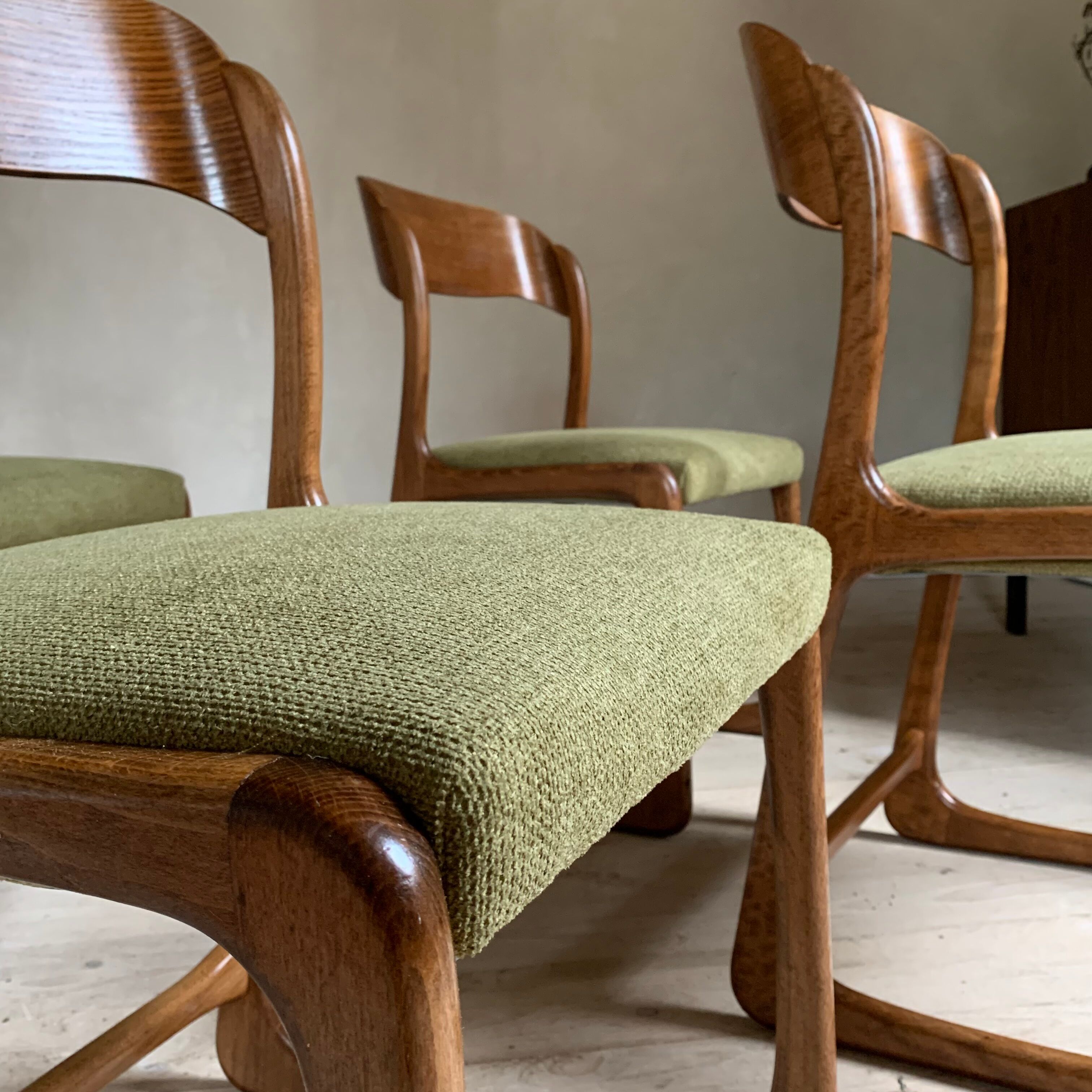 Baumann vintage sled chairs in ash and linden green velvet fabric - set of 4