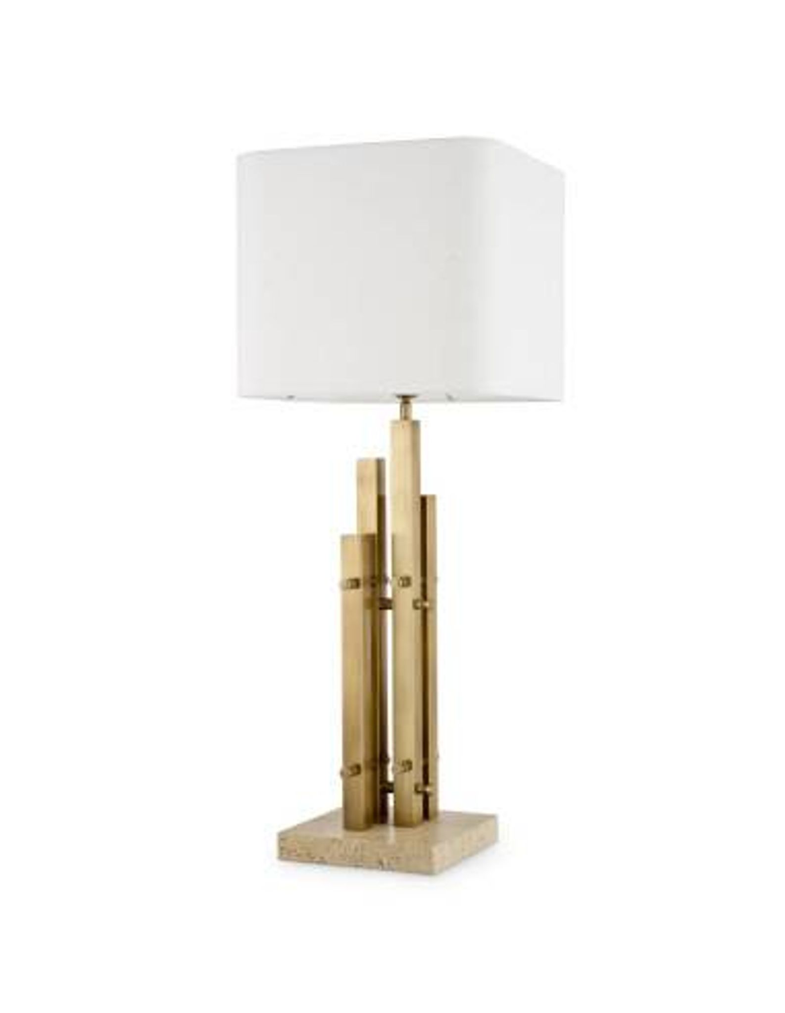 Paire de lampes de table modernes, finition laiton vintage, base en travertin.