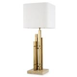 Pair of modern table lamps, vintage brass finish, travertine base.