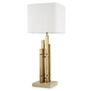 Paire de lampes de table modernes, finition laiton vintage, base en travertin.