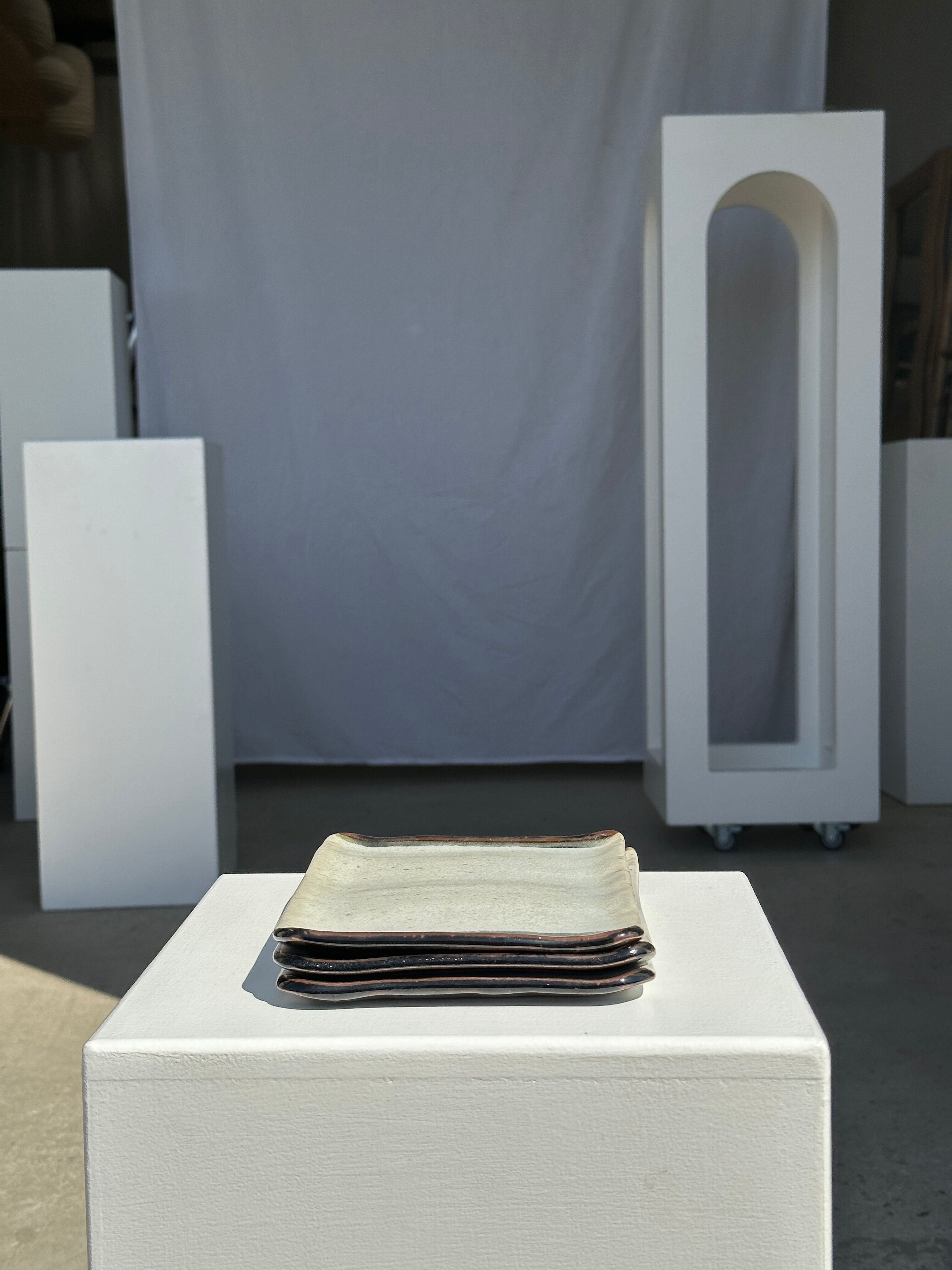 Trio of small rectangular serving dishes white and black Indonesian ceramic 21x16