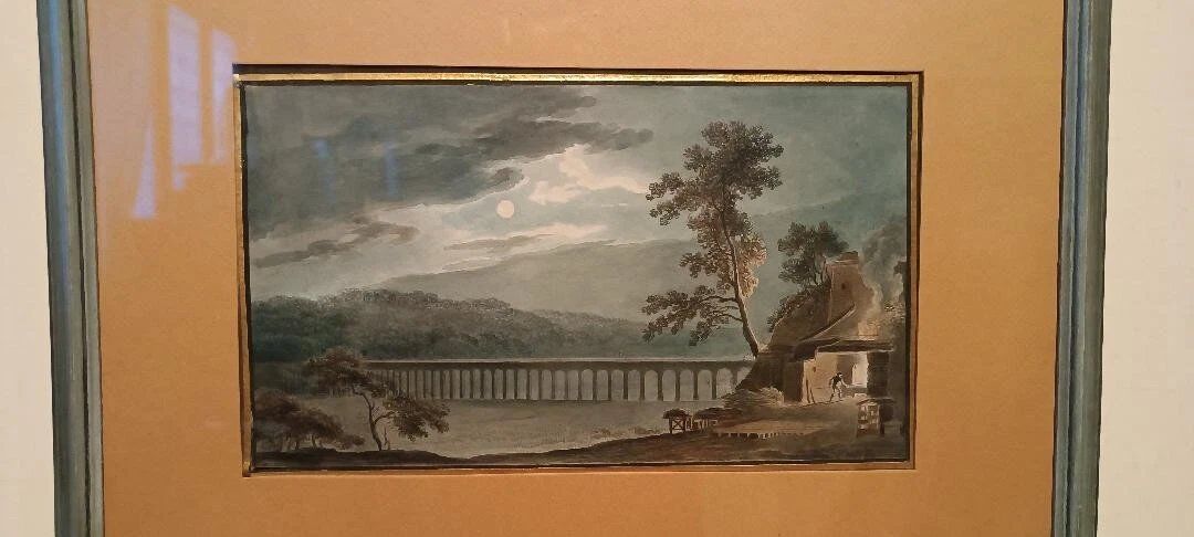 Old watercolour on paper from the early 19th century - nocturnal landscape with aqueduct and bridge
