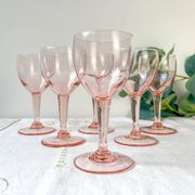 6 vintage faceted pink red wine glasses – 1950s – French elegance