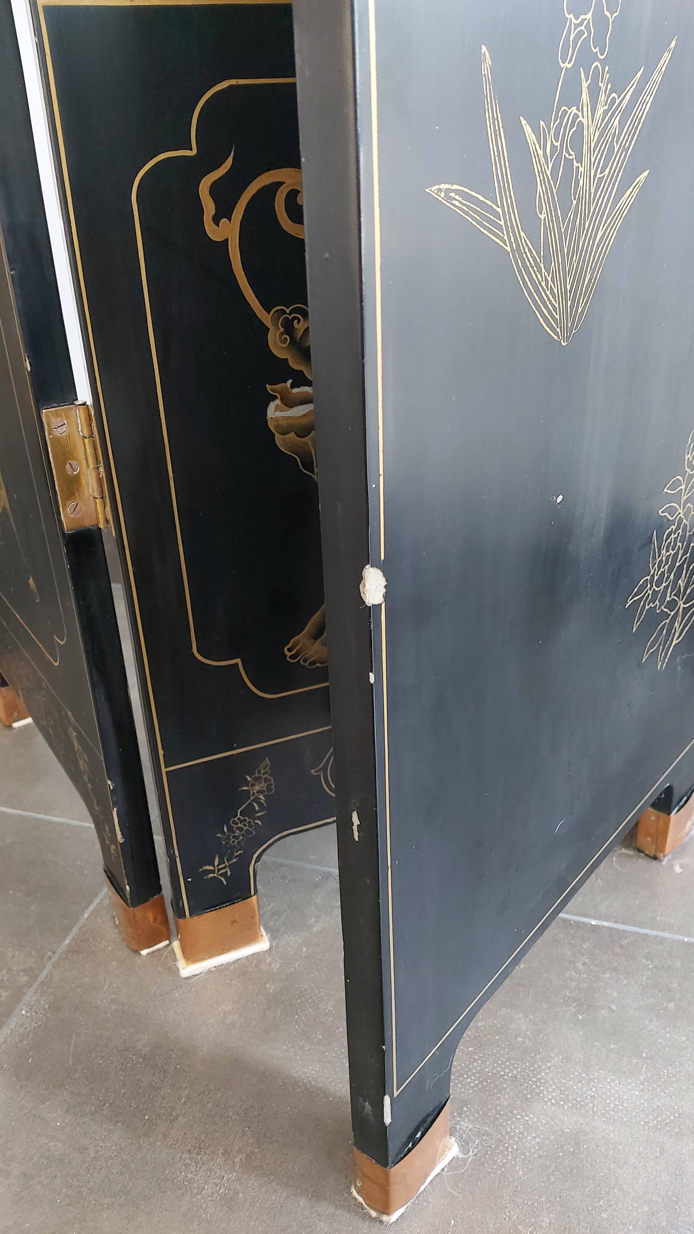 Chinese screen in black lacquer and marble stone