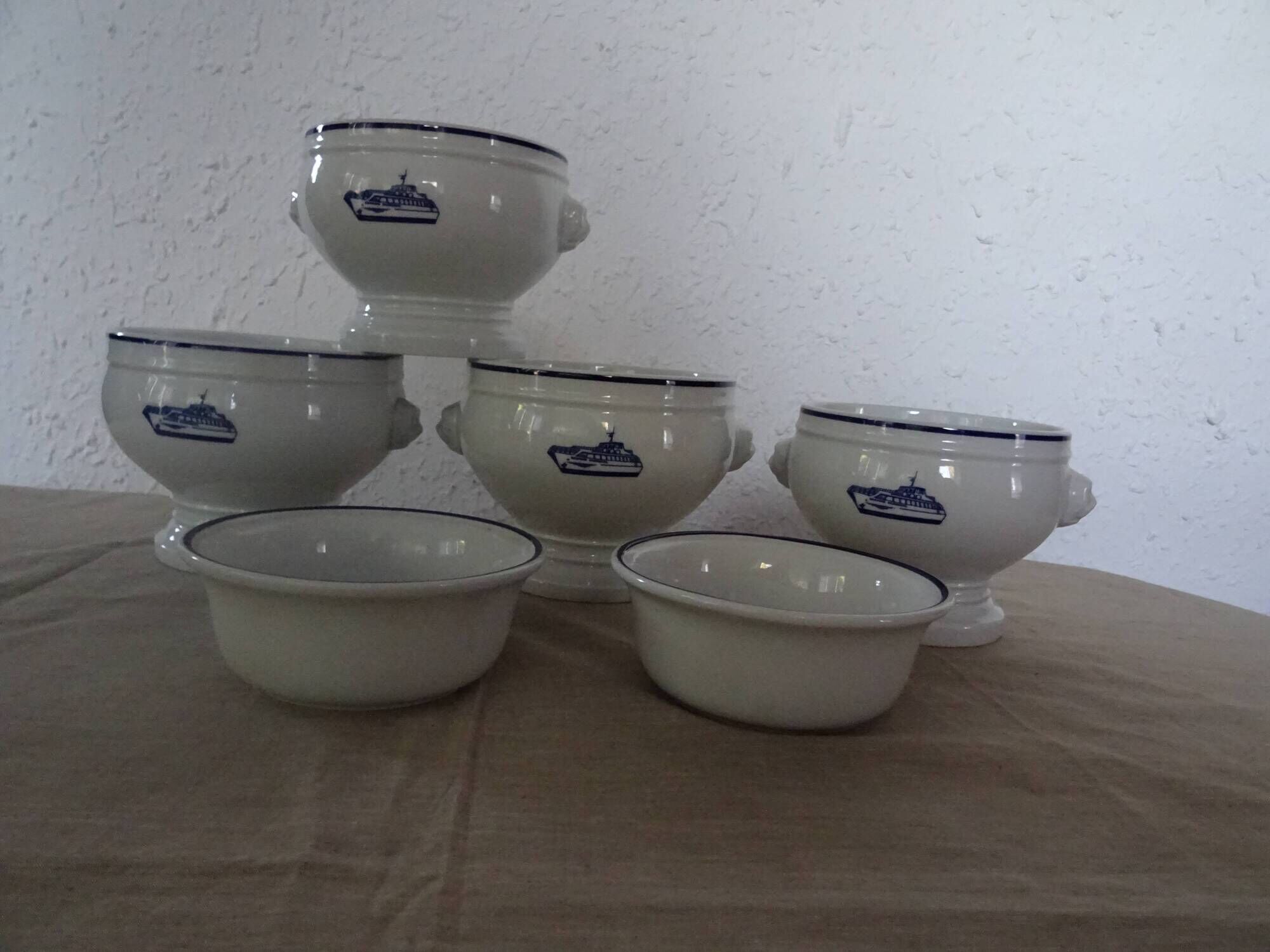 4 Large bowls salad bowls + 2 cups PILLIVUYT blue decoration boat G. CAOUDAL