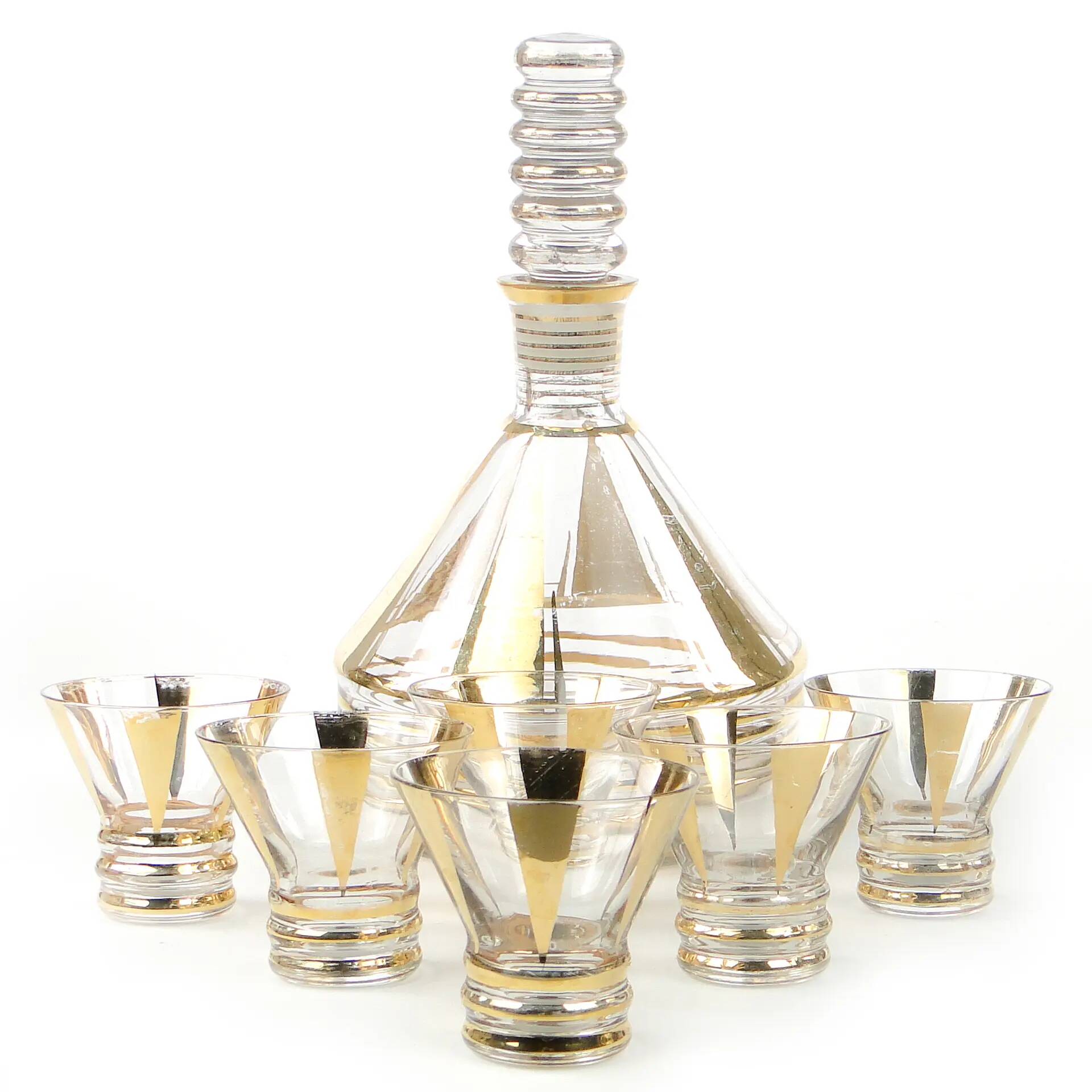 Mid-century modern liqueur set, clear gilded glass, Kamenický Šenov, Czechoslovakia, 1950s