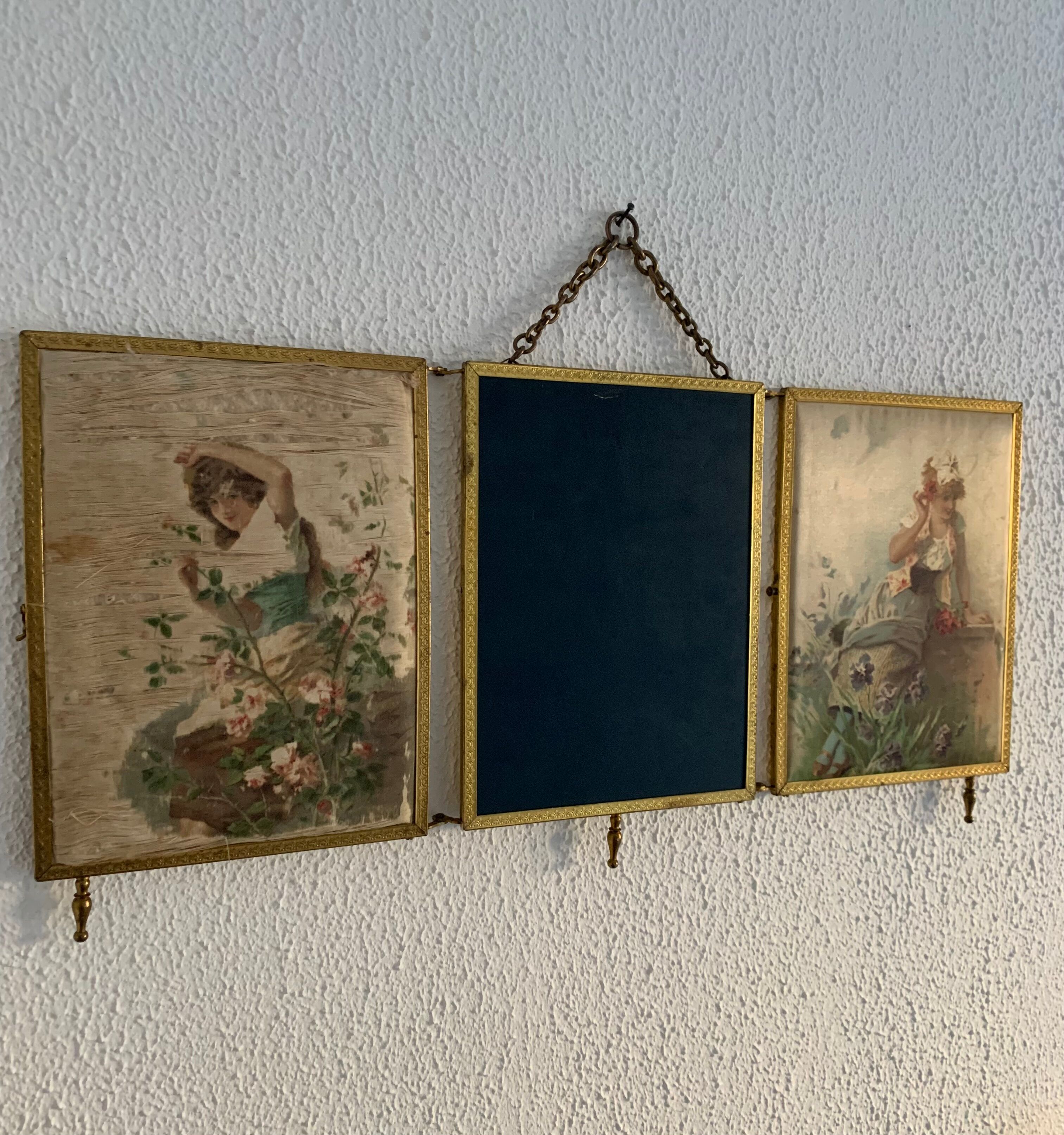 Vintage mirror 1900 triptych barber brass chiseled - 27 x 58 cm