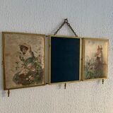 Vintage mirror 1900 triptych barber brass chiseled - 27 x 58 cm