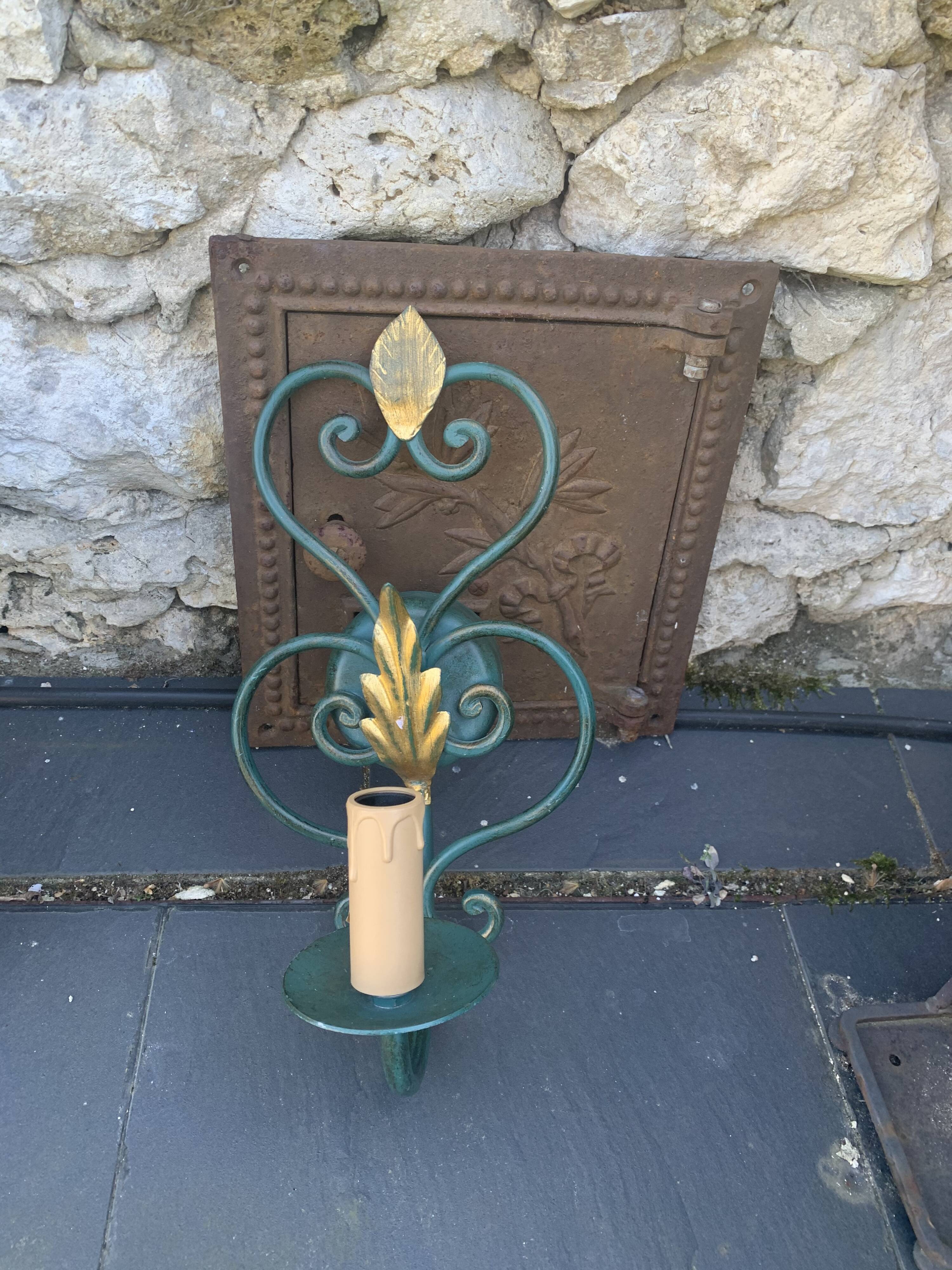 Green metal wall apply and vintage gold foliage