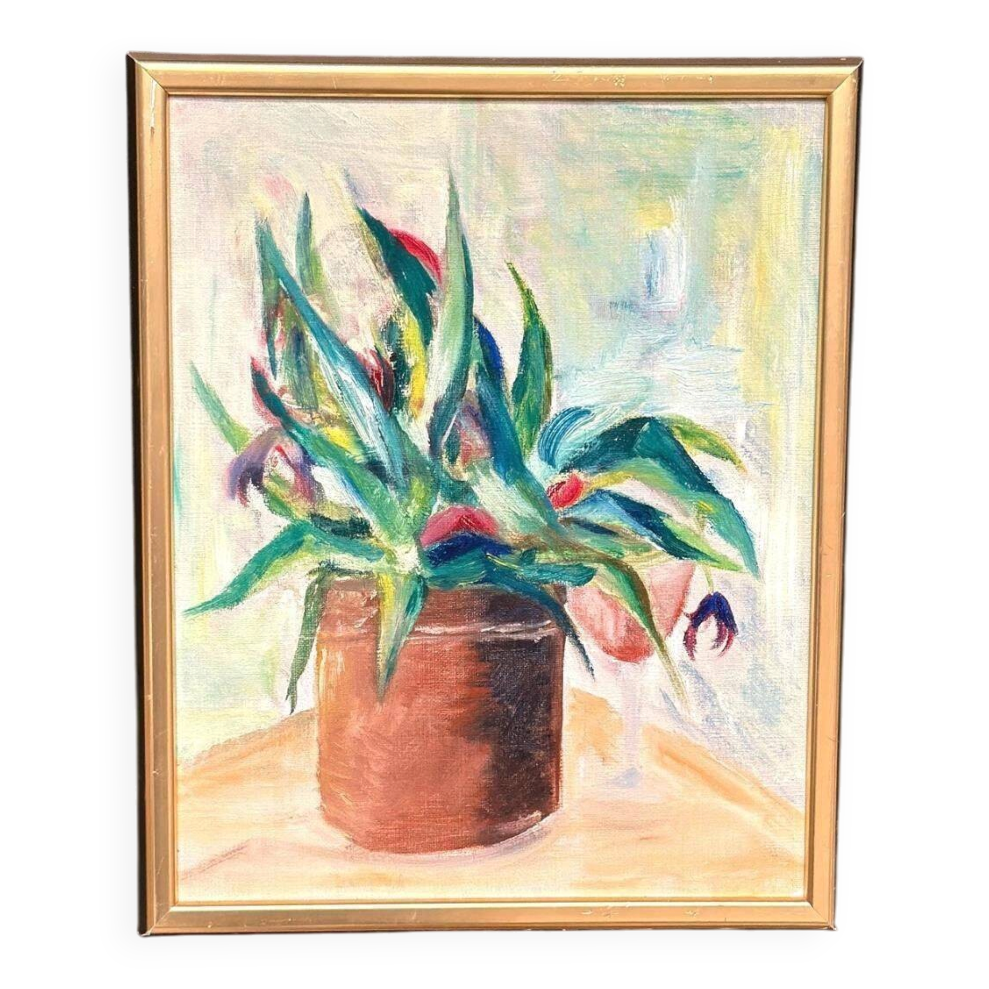 Original Swedish Oil On Canvas – “Vase With Plant” – Vintage & Framed – 34 × 45 Cm