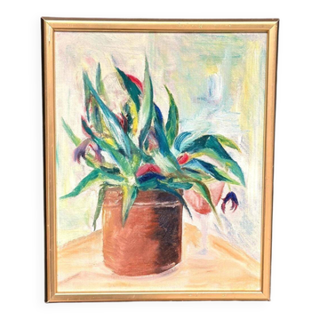 Original Swedish Oil On Canvas – “Vase With Plant” – Vintage & Framed – 34 × 45 Cm