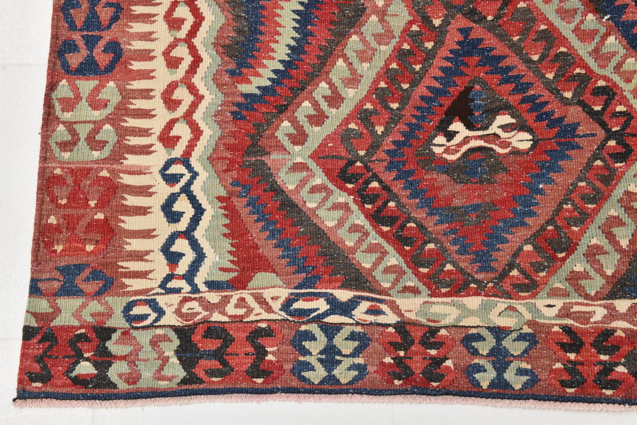 Kilim Ancien Fait Main en Laine Rouge et Bleu,Tapis Plat Vintage,165x231 Cm