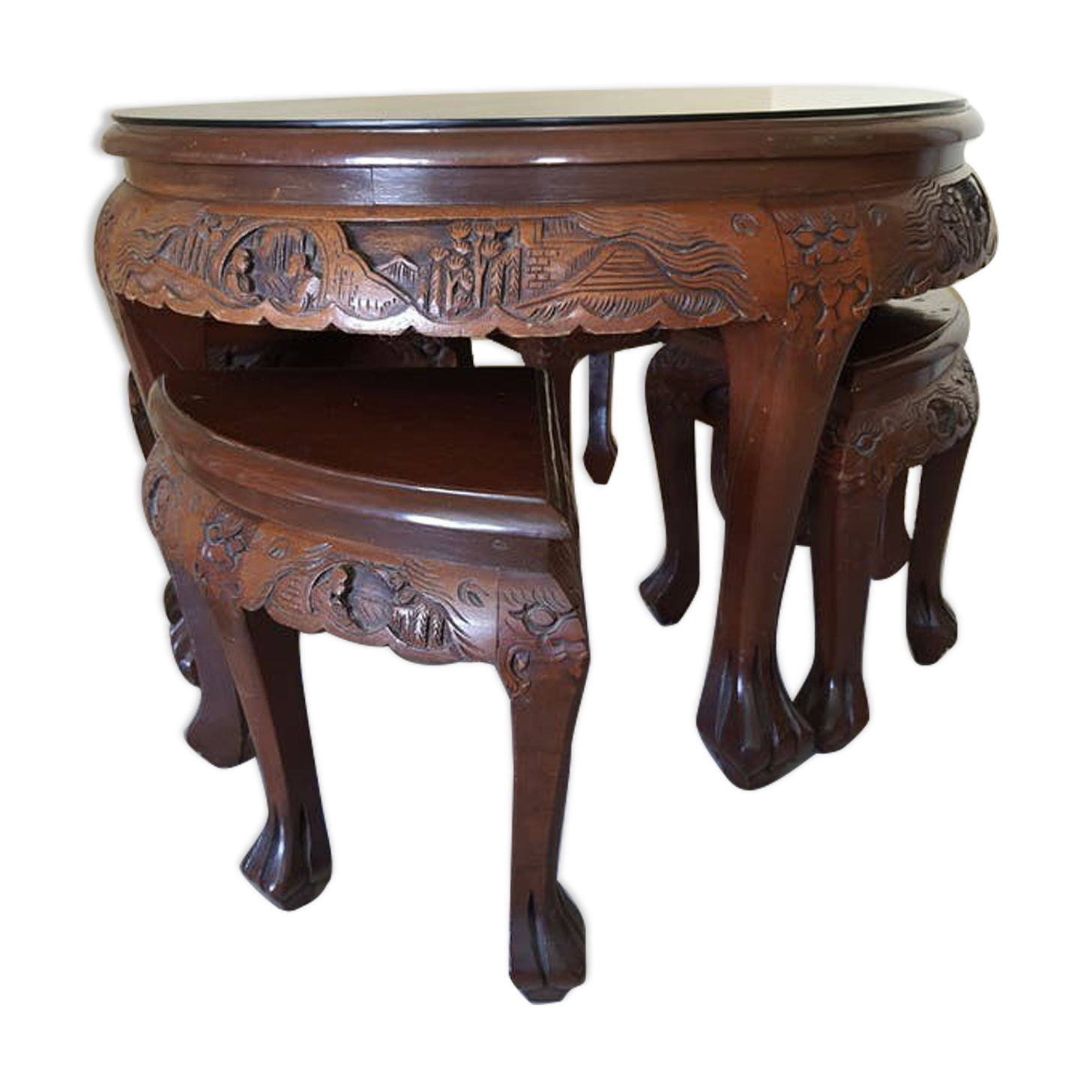 Carved coffee table and 4 built-in stools
