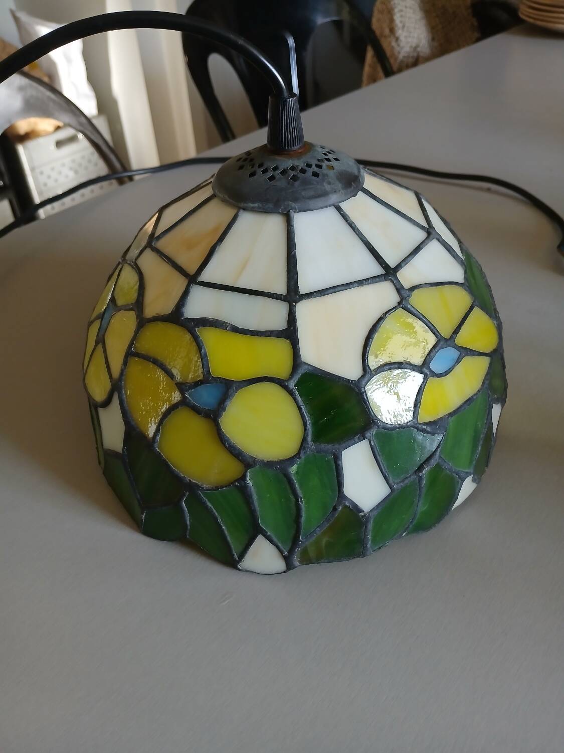 Antique stained glass and tin pendant light