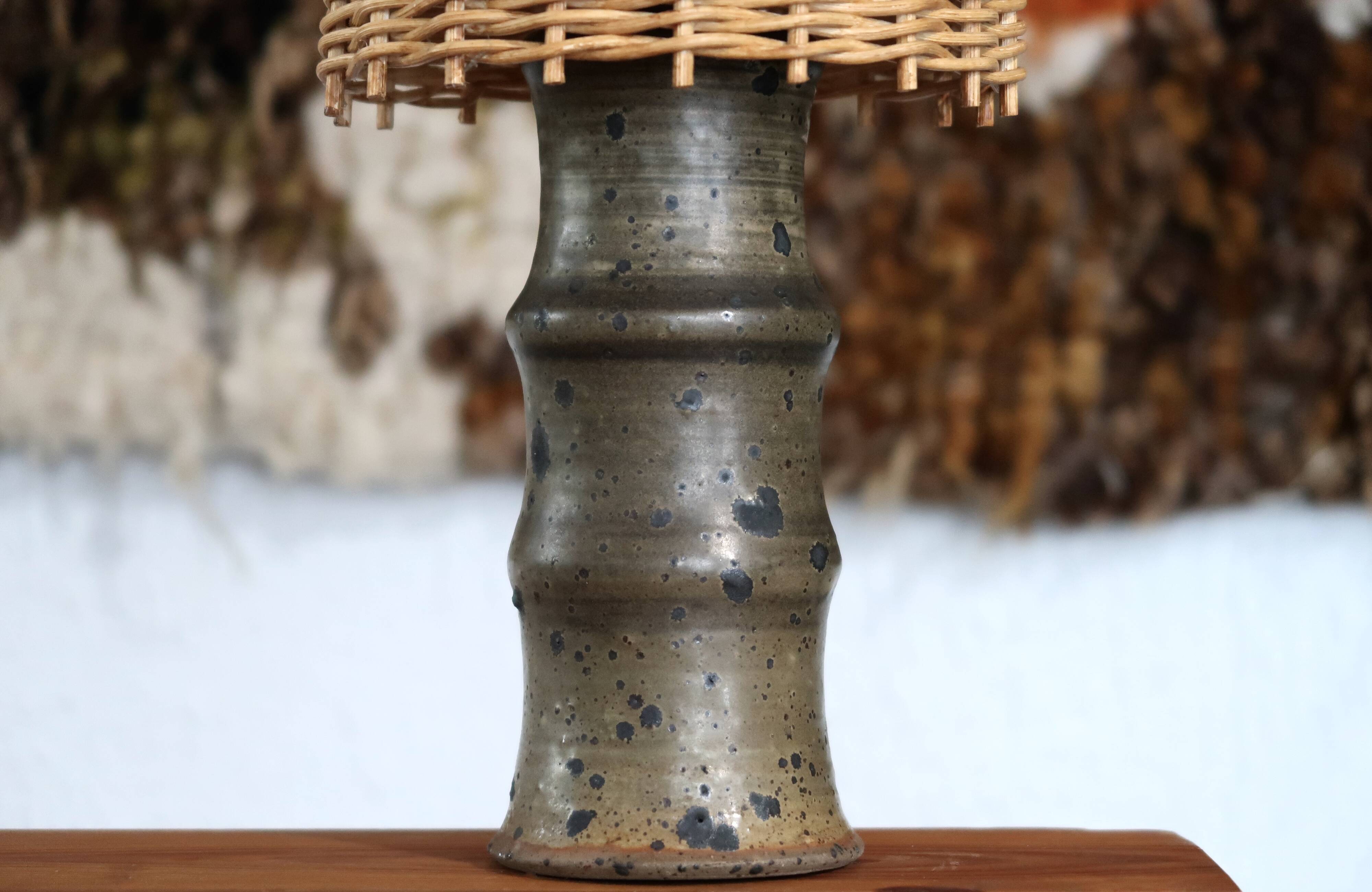 Stoneware lamp signed Rouard, wicker lampshade, 50s