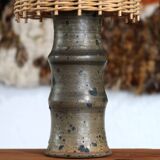 Stoneware lamp signed Rouard, wicker lampshade, 50s