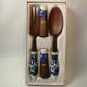 Vintage salad service in ceramic and natural wood. pepper shaker, salt shaker and 2 cutlery