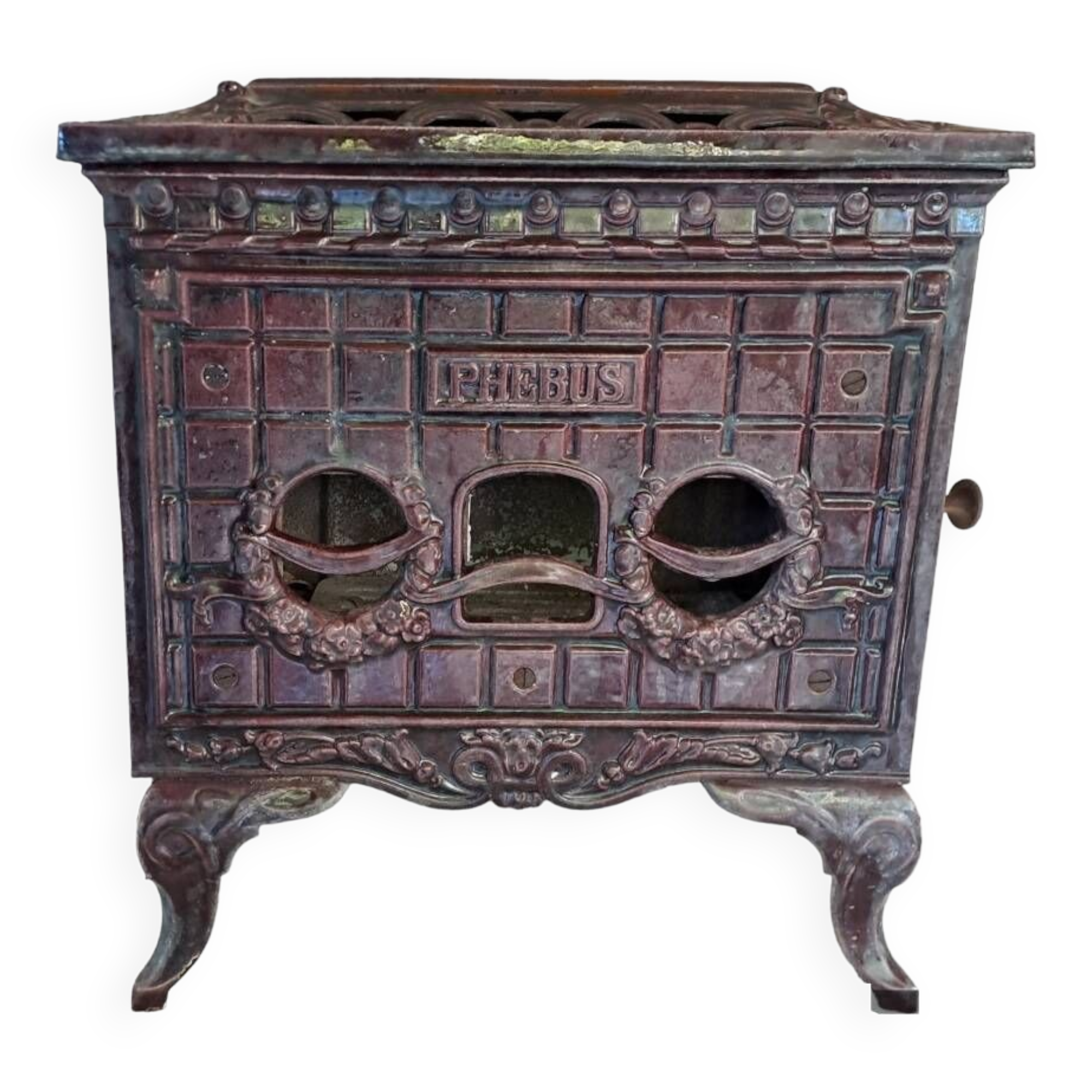Antique enameled cast iron art deco wood stove, Phebus brand, aubergine color