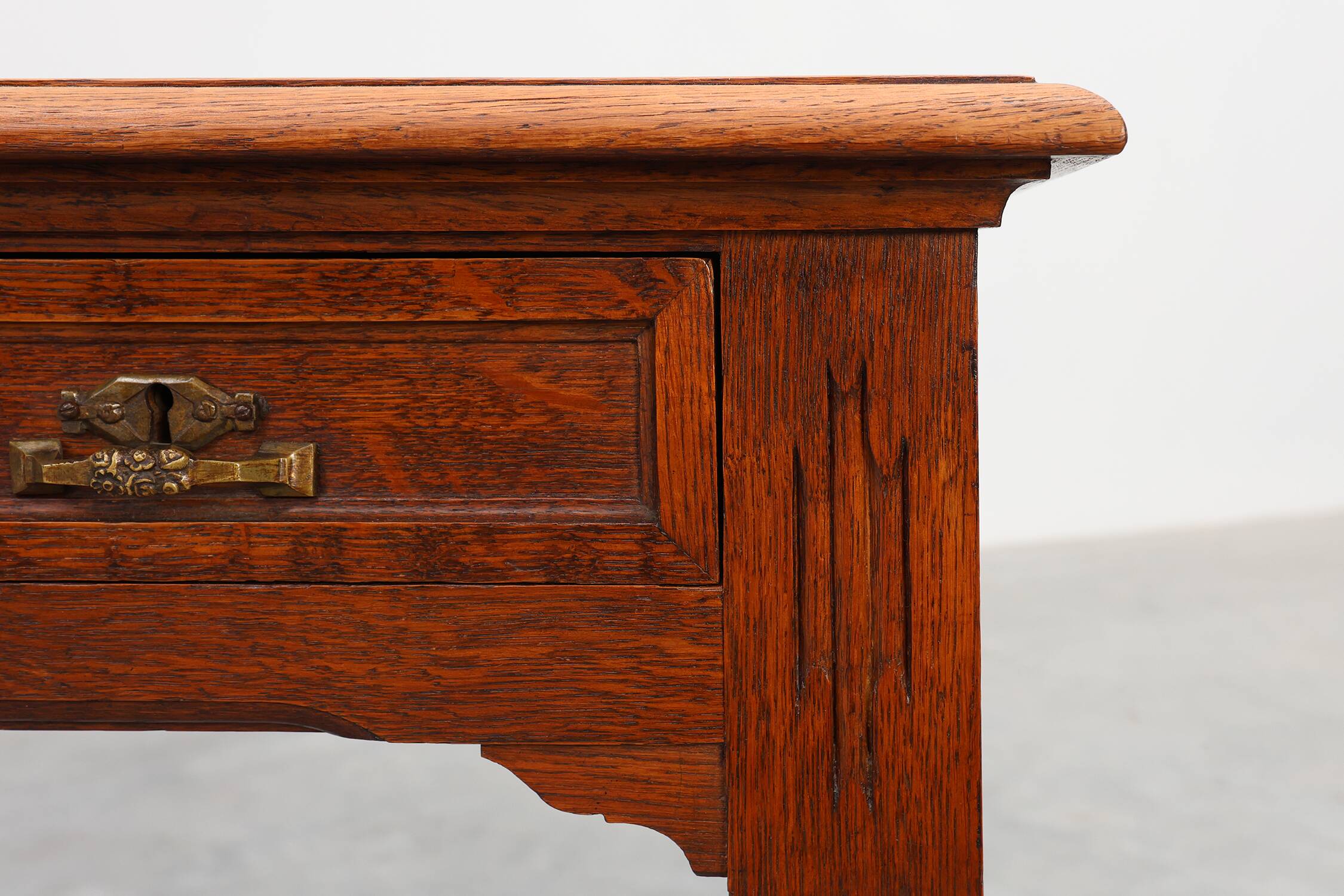 Art Deco carved oak Desk or Table with copper details, Belgium 1920s