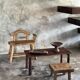Small brutalist bench with backrest and armrests in Asian blonde teak H67 L6