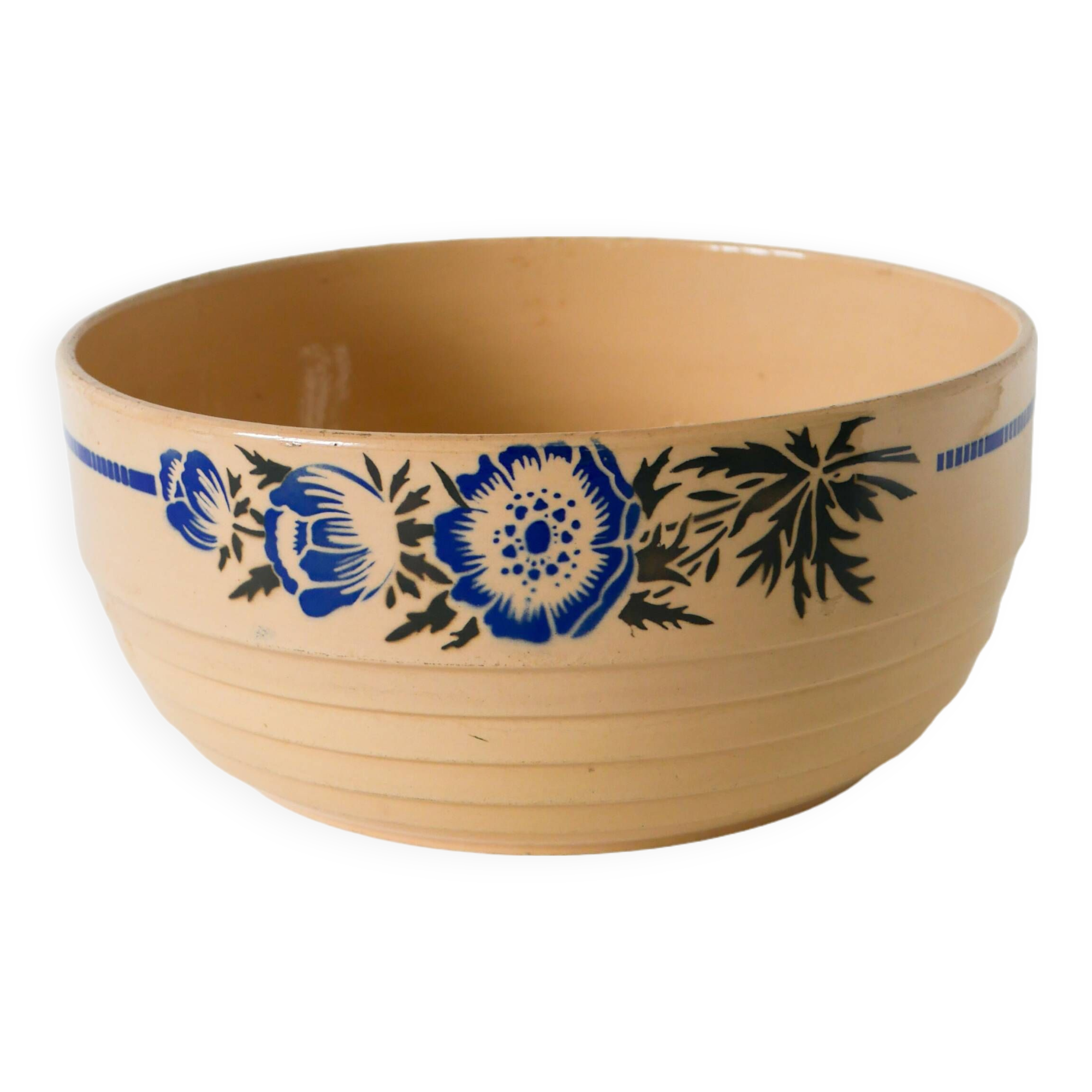 Badonviller beige salad bowl with blue flowers, 1950
