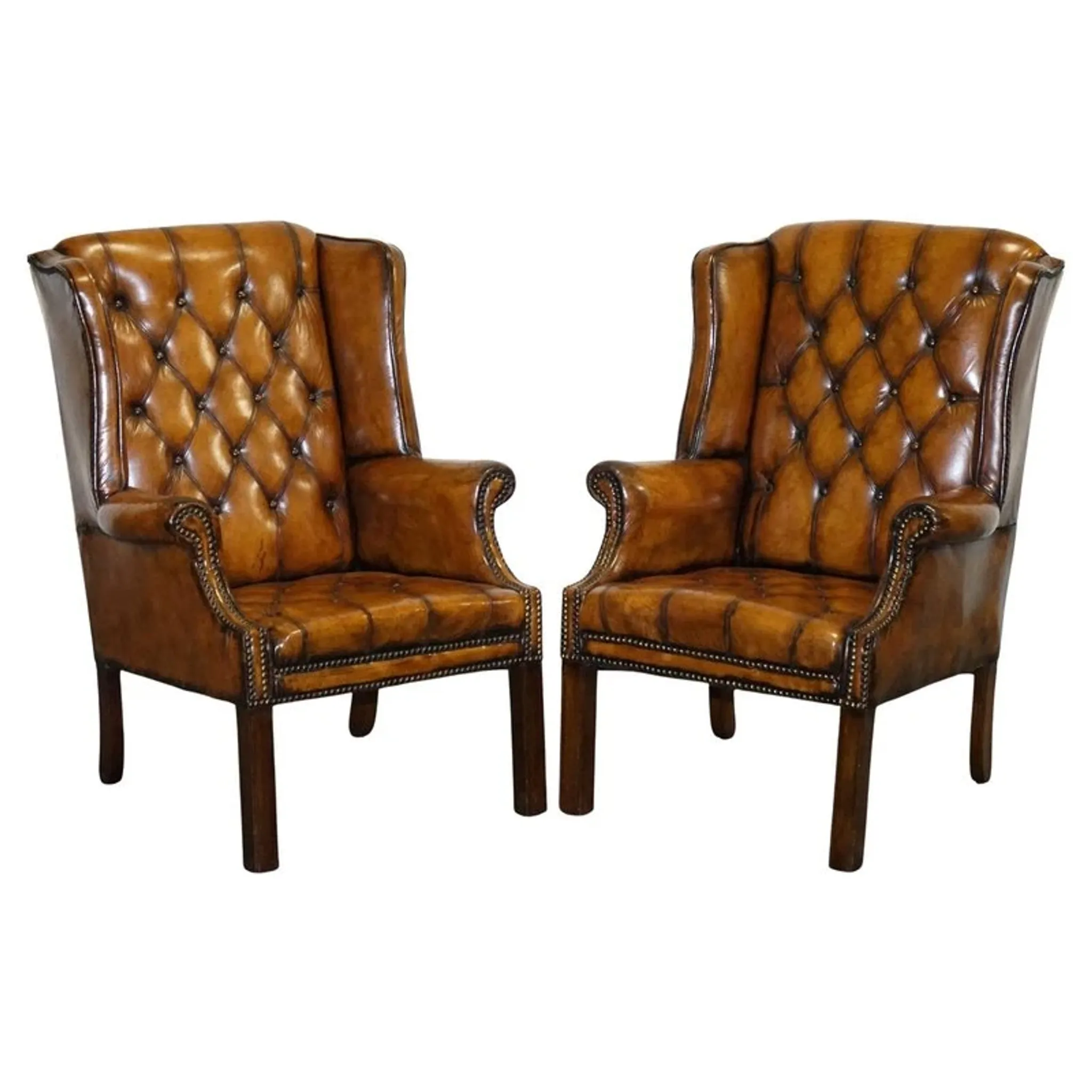 Chesterfield Wingback Armchair Set in Hand-Dyed Brown Leather, 1960s