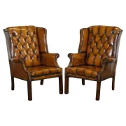 Chesterfield Wingback Armchair Set in Hand-Dyed Brown Leather, 1960s