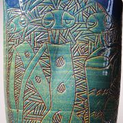Vintage blue-green handcrafted pottery vase with incised tribal design by Eseka Pottery