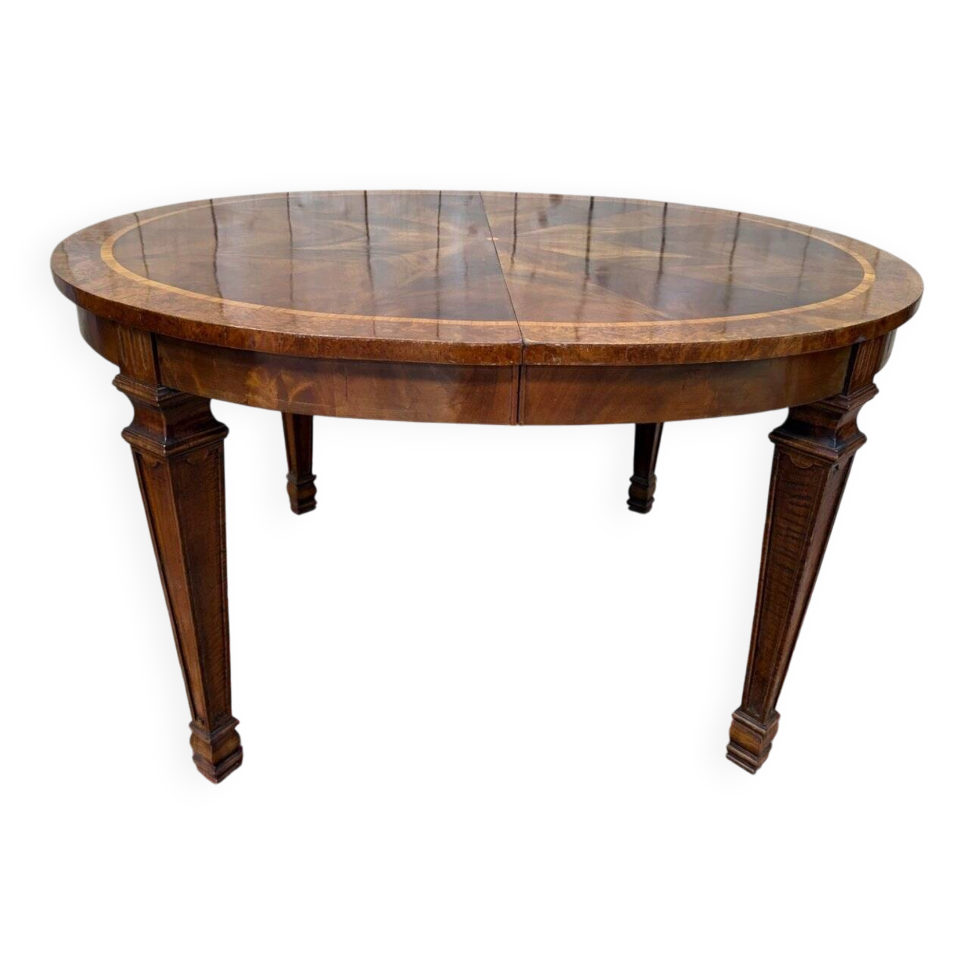 Extendable oval table in Louis XVI style – Walnut and Burl Marquetry