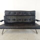 Canapé vintage en cuir noir et chrome, 1970