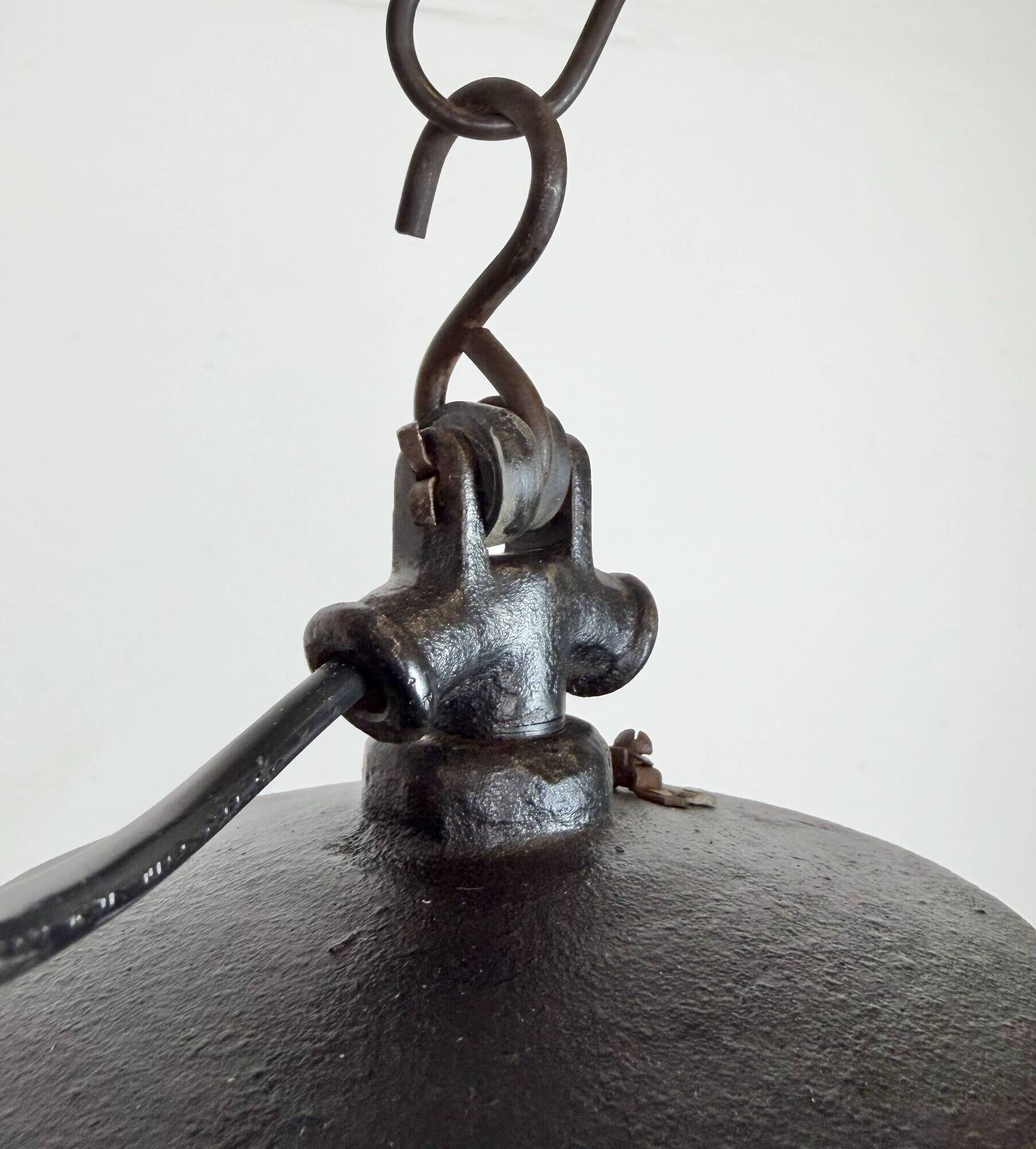 Large Industrial Factory Black Pendant Lamp with Cast Iron Top, 1950s