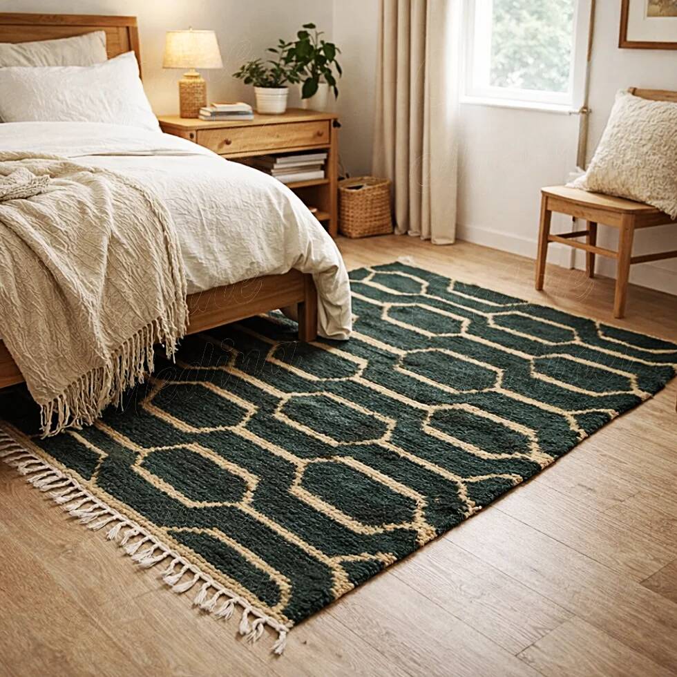Green Boujad rug with a hexagonal pattern.