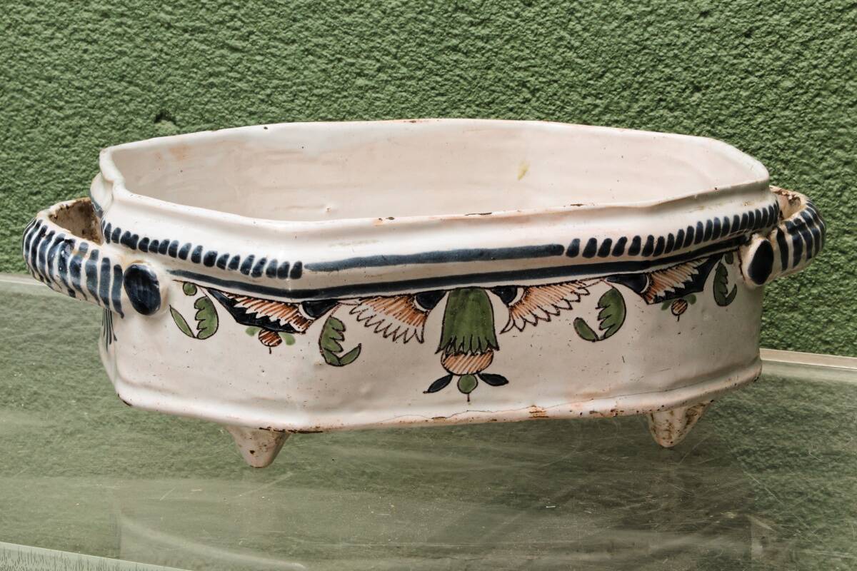 Cut-corner jardinière, in Rouen faience, 18th century