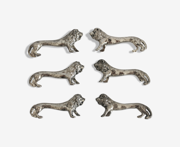 6 porte-couteaux en métal argenté lion vintage