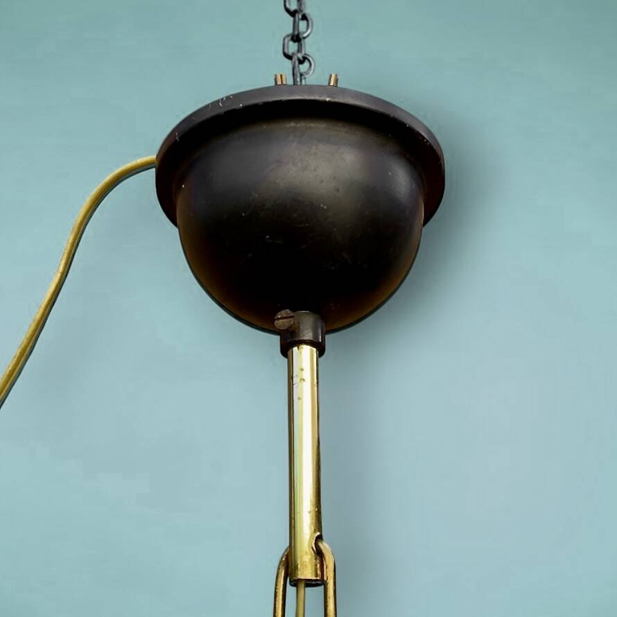 Brass suspension, black metal and striped glass attributed to Massive, 1950s.