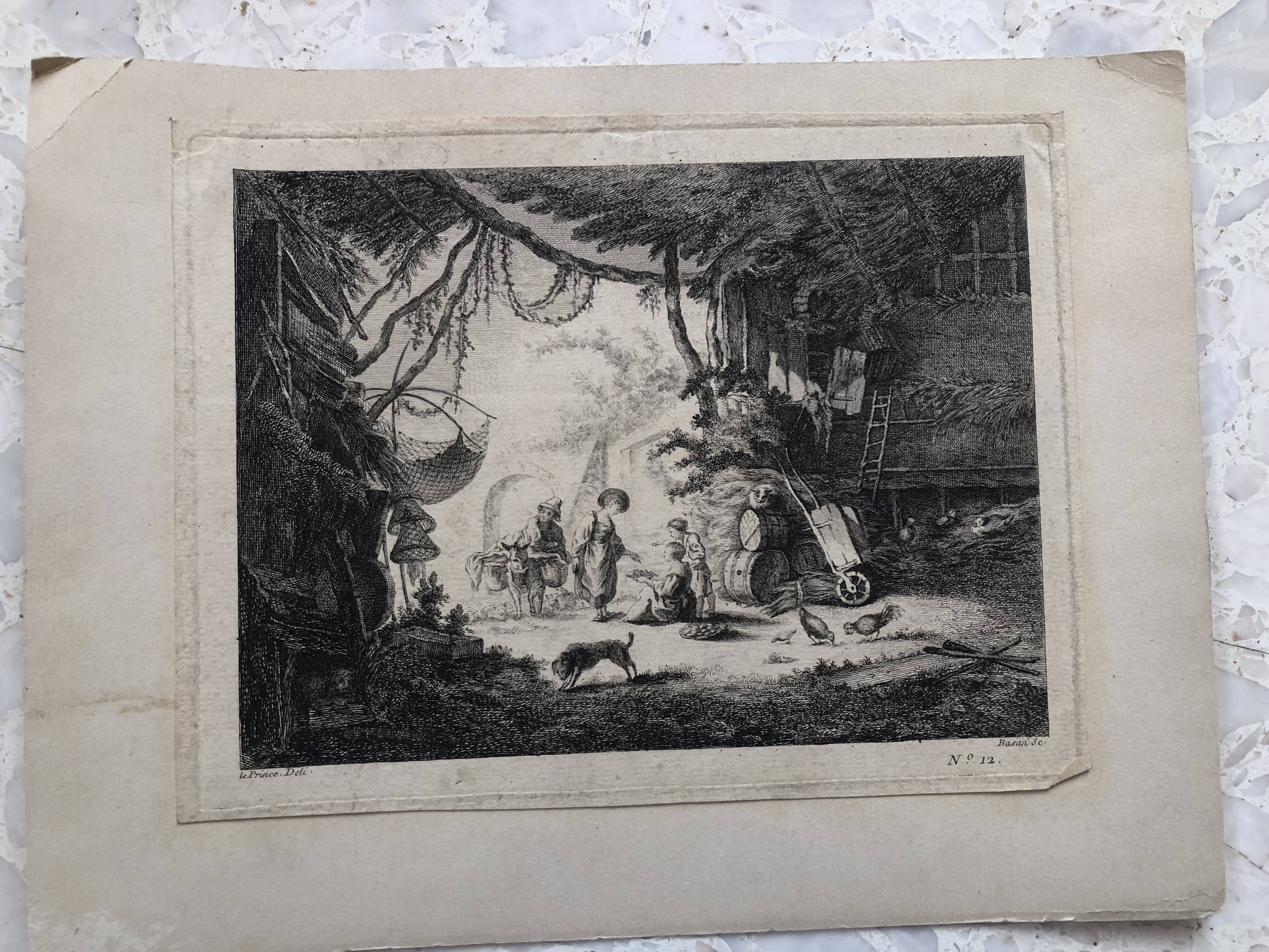 18th century forged water engraving children on the farm engraved by le prince circa 1750, printer basan n° 12