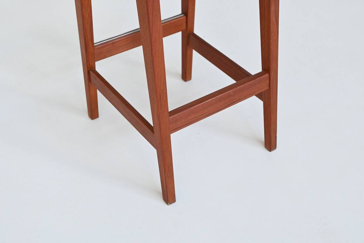 Erik Buck set of three bar stools in teak and leather Dyrlund Denmark 1960