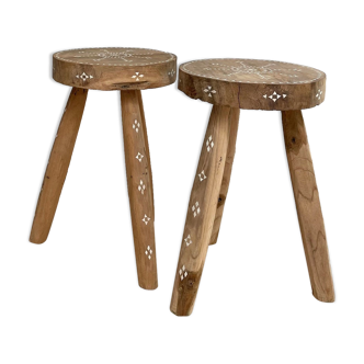 2 tabourets en bois nacré d'Indonésie Badi