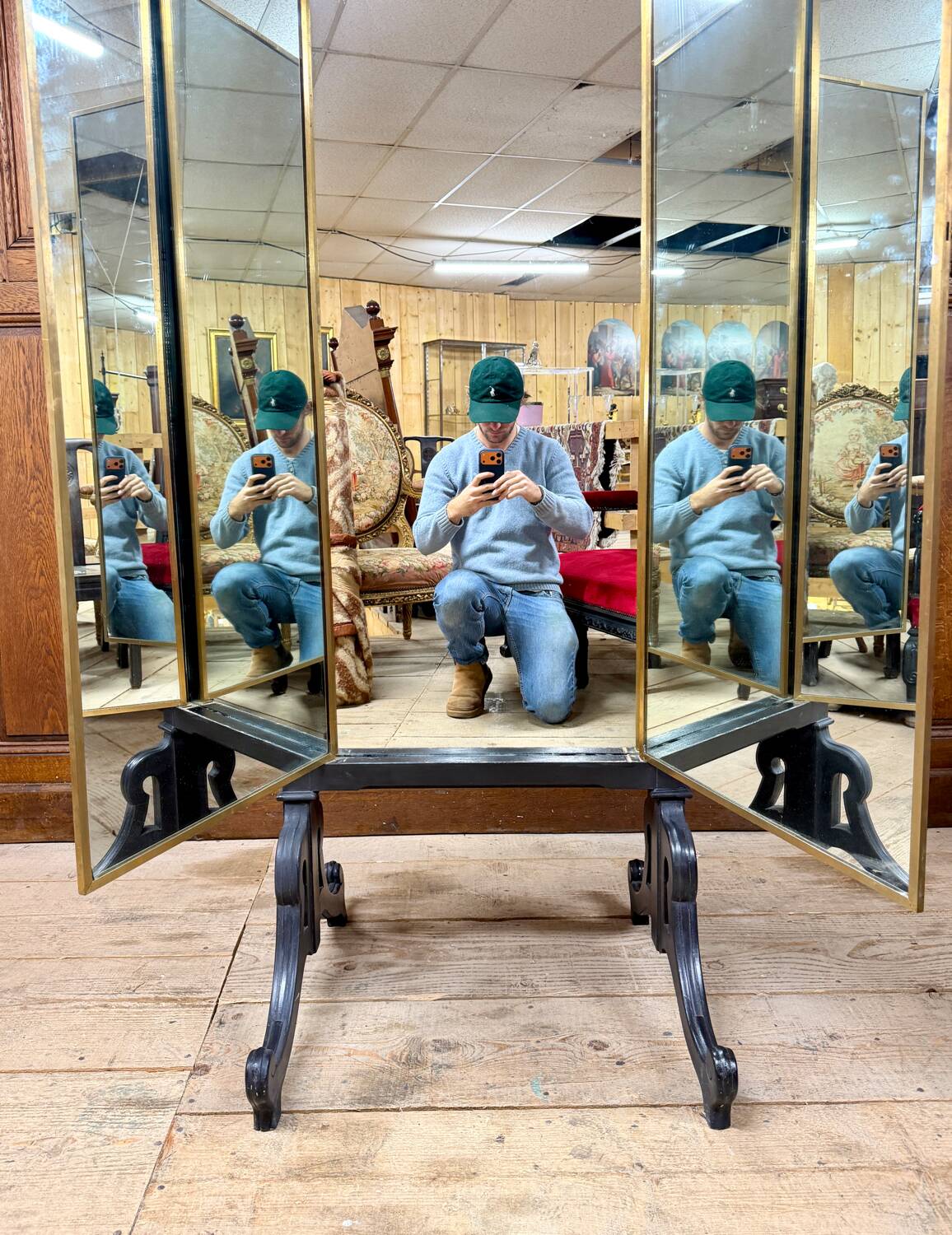 Brot mirror on legs, triptych glass in blackened wood, brass, Art Deco