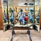 Brot mirror on legs, triptych glass in blackened wood, brass, Art Deco
