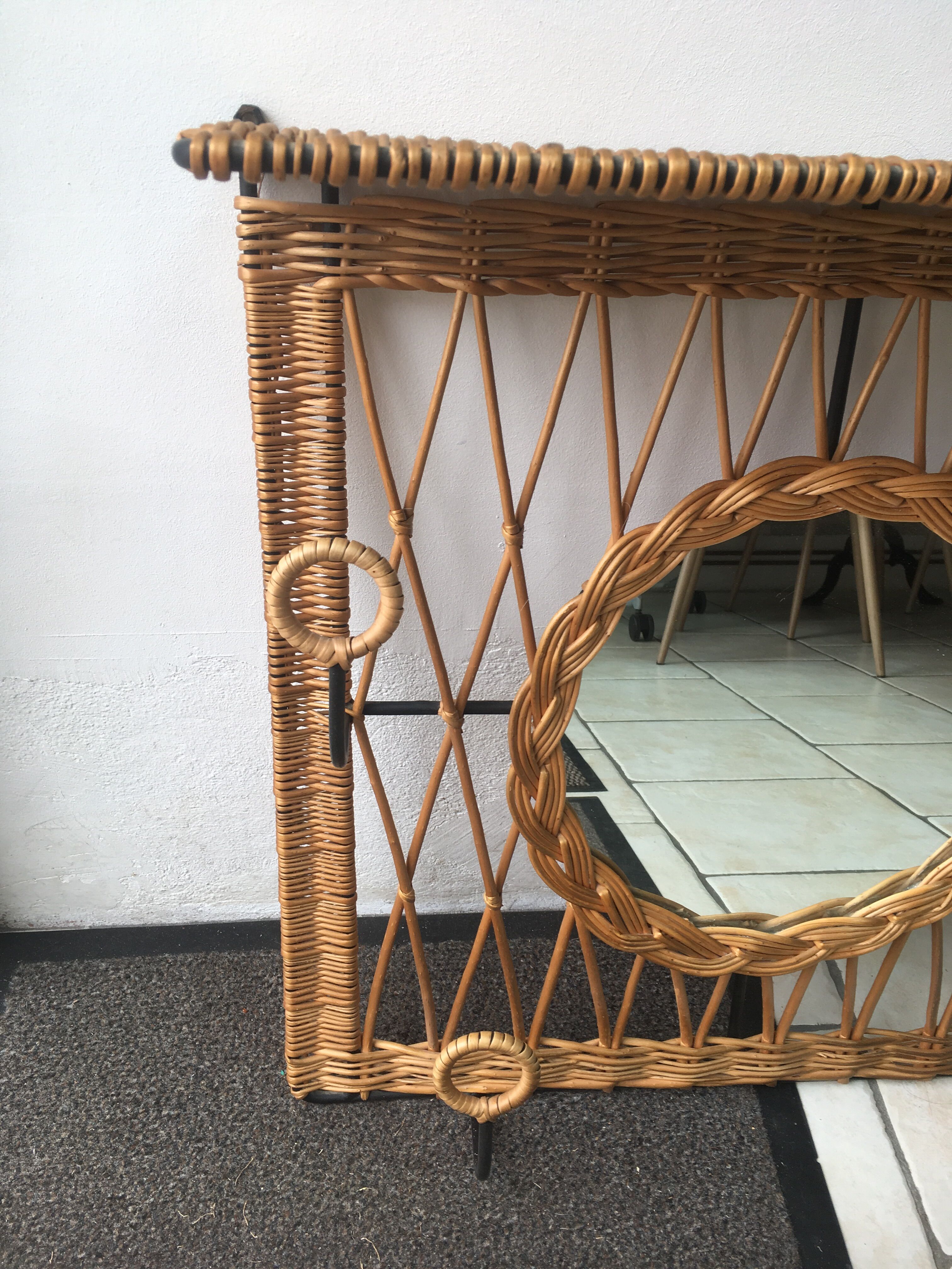 Coat hook and mirror in rattan