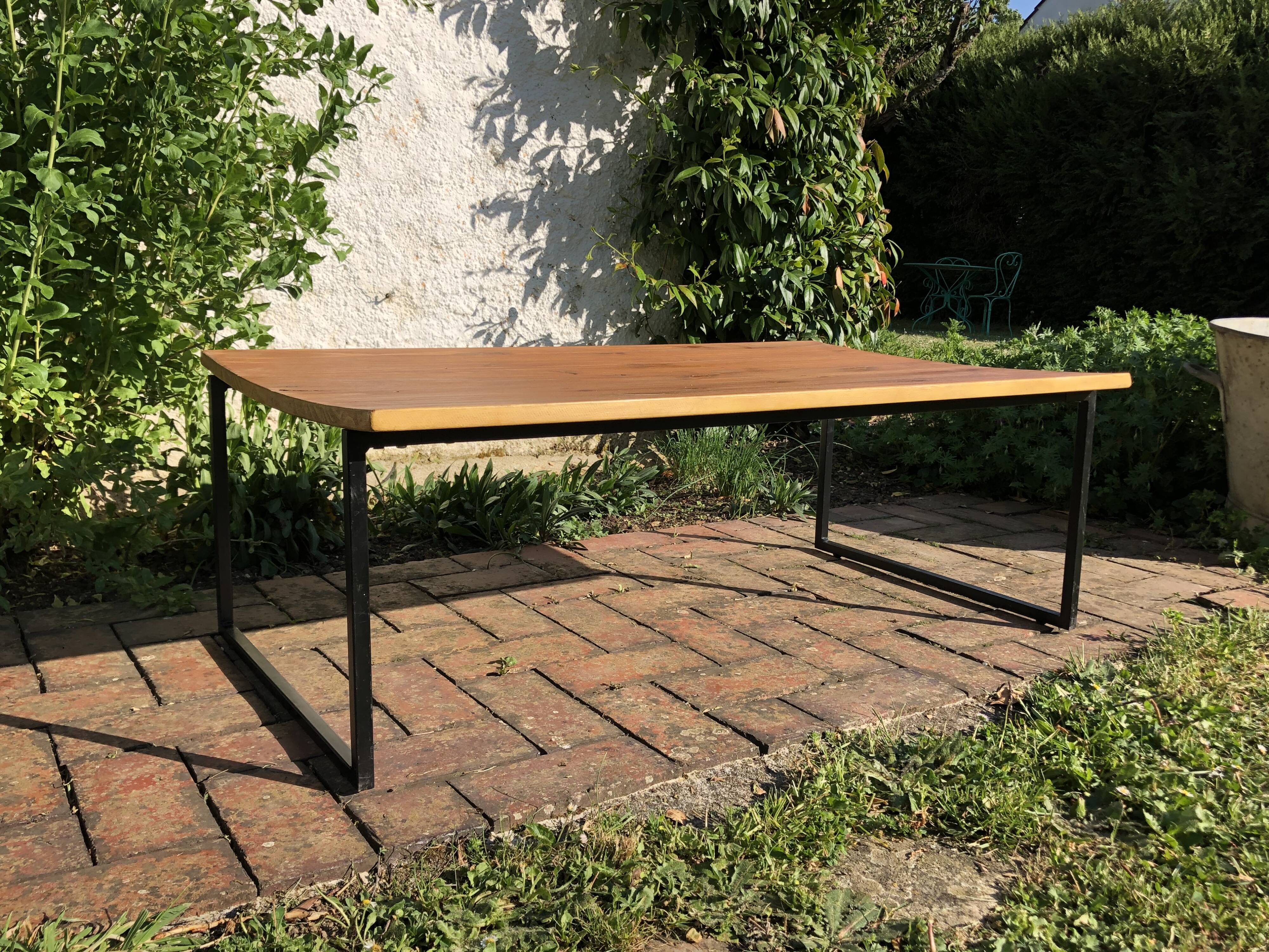 Waxed wood coffee table, black metal and mustard
