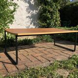 Waxed wood coffee table, black metal and mustard