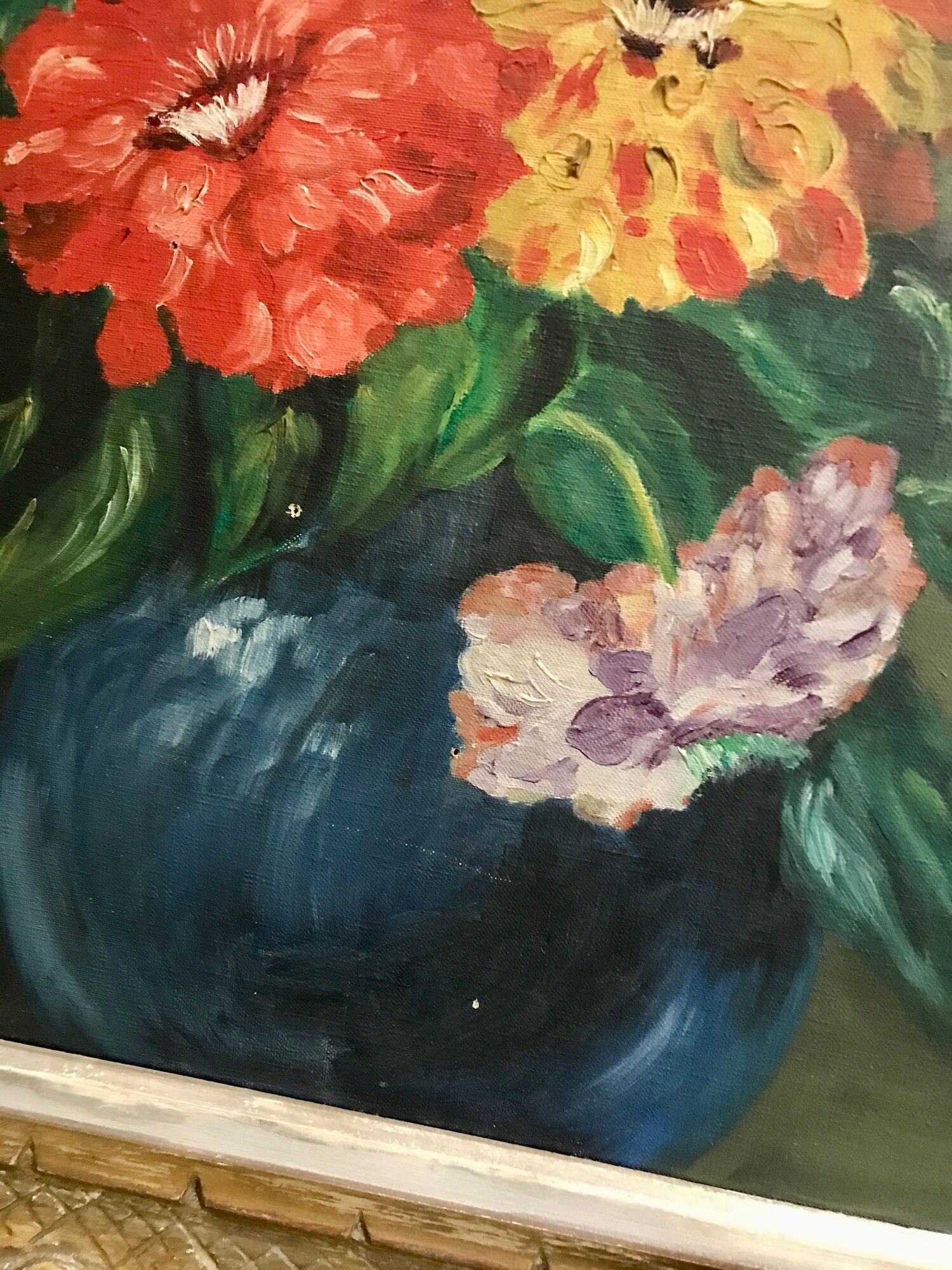 Huile ancienne sur toile bouquet de fleurs Zinnias