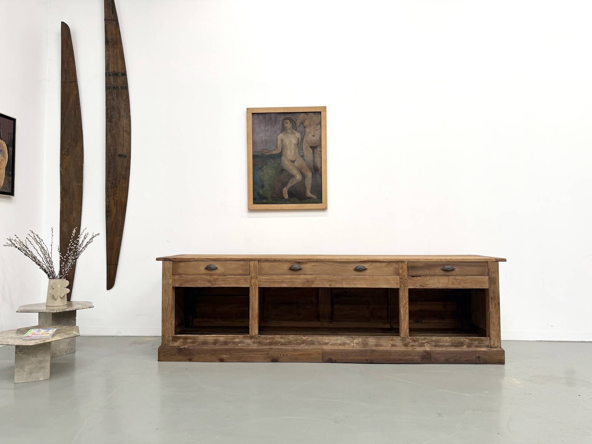 Very large pine trade counter, circa 1920.