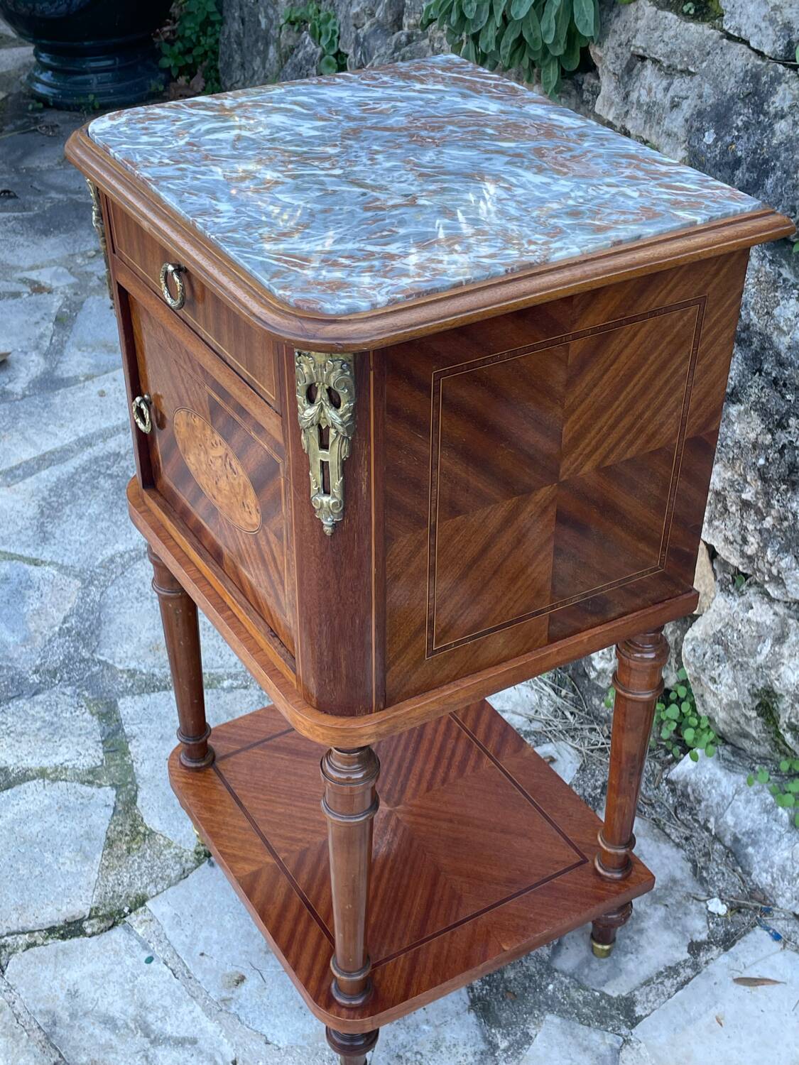 Bedside table in wood marquetry from the 19th century