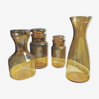 Set of pitcher + carafe + 2 amber glass jars