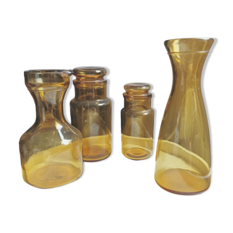 Set of pitcher + carafe + 2 amber glass jars